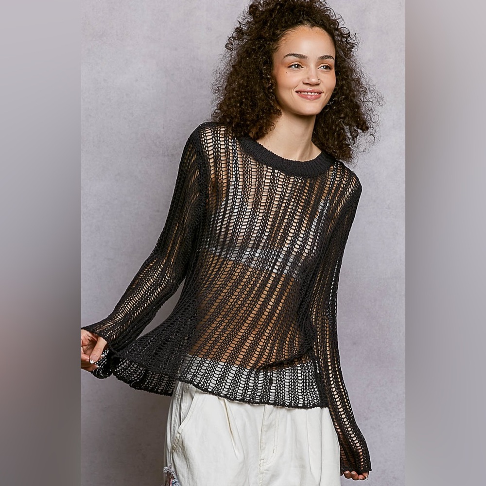 POL Black Sheer Long Sleeve Top